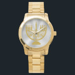 Golden Menorah Watch<br><div class="desc">Unisex over-sized gold bracelet watch with an image of a golden menorah on gleaming silver. See matching square button, square charm, large square premium metal keychain and square necklace. See the entire Hanukkah Wrist Watch collection under the ACCESSORIES category in the HOLIDAYS section.</div>