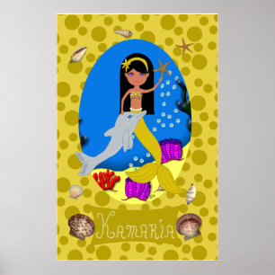 Golden Mermaid and Dolphin Print