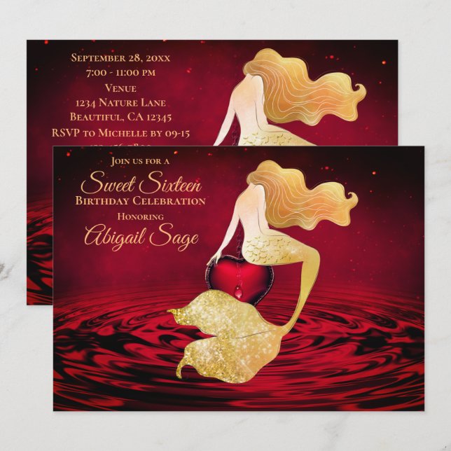 Golden Mermaid with Red Heart Sweet 16 Birthday Invitation (Front/Back)