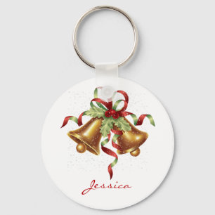 Golden Merry Christmas Bell with Red Bow Holiday Key Ring
