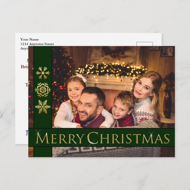 Golden Merry Christmas Family Photo Holiday Postcard (Front/Back)