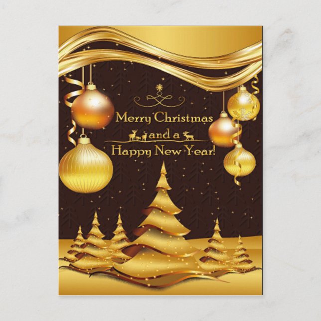 Golden Merry Christmas & Happy New Year Holiday Postcard (Front)