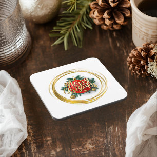Golden Merry Christmas Hard plastic coaster
