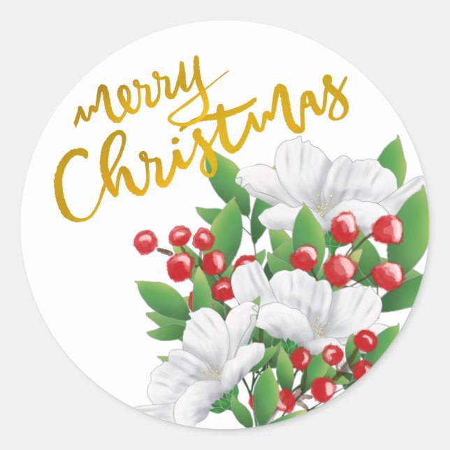 Golden Merry Christmas White Red Green Floral Classic Round Sticker (Front)