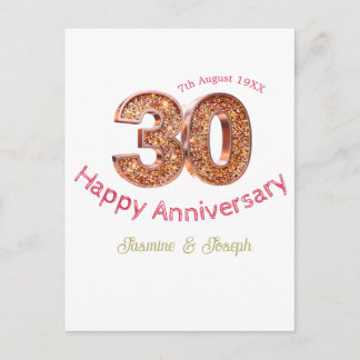 Golden Metallic 30th Happy anniversary add name Postcard