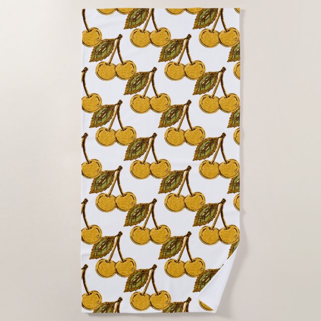 Golden Metallic Cherries Pattern Beach Towel (Front)