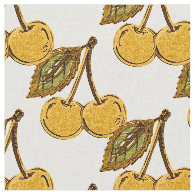 Golden Metallic Cherries Pattern Fabric (Close Up)