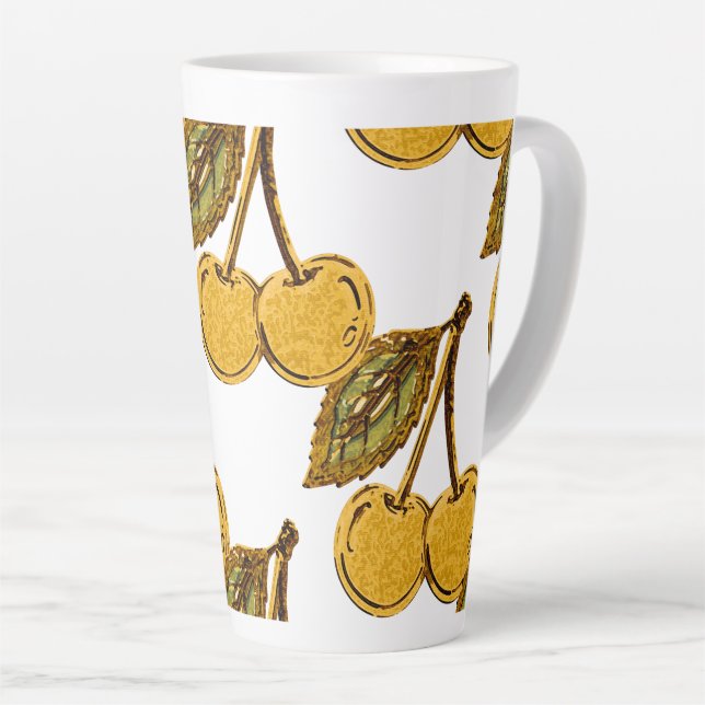 Golden Metallic Cherries Pattern Latte Mug (Right Angle)