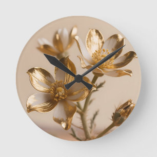 Golden Metallic Flowers Luxe Botanical Elegance Round Clock