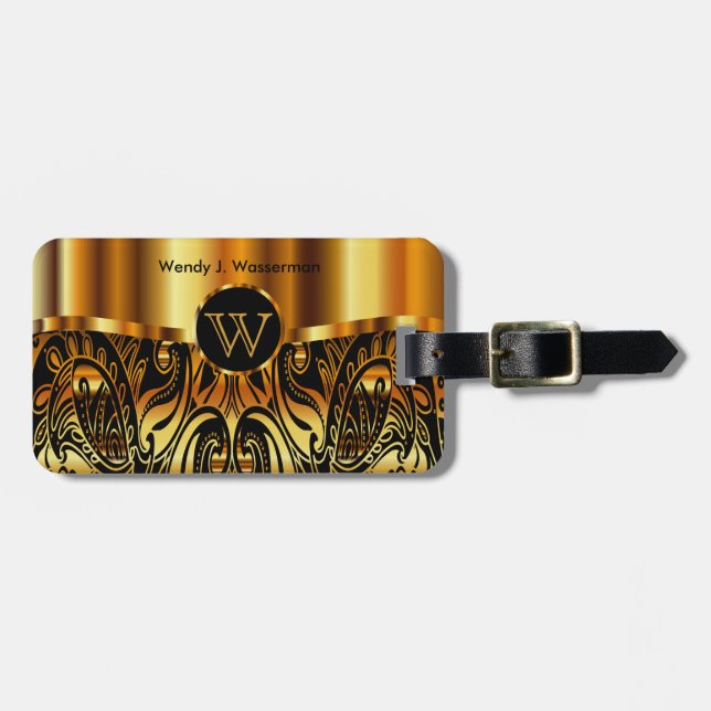 Golden Metallic Paisley Abstract Luggage Tag (Front Horizontal)