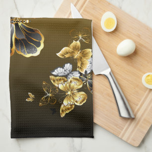 Golden Metamorphosis – Botanical Butterfly Design Tea Towel