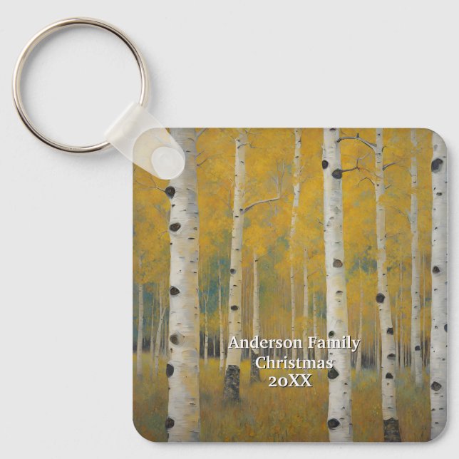 Golden Modern Aspen Trees Key Ring (Front)