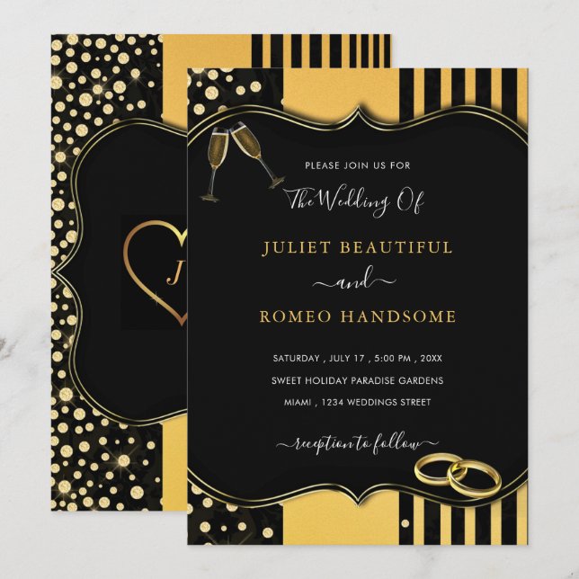 Golden Modern Frame Black Gold Wedding Invitation (Front/Back)