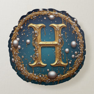 Golden Monogram Initial Letter H Round Cushion