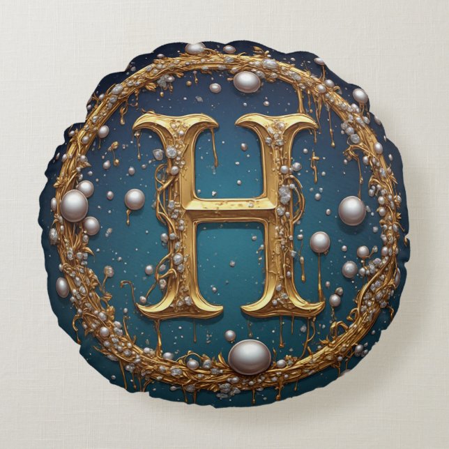 Golden Monogram Initial Letter H Round Cushion (Front)