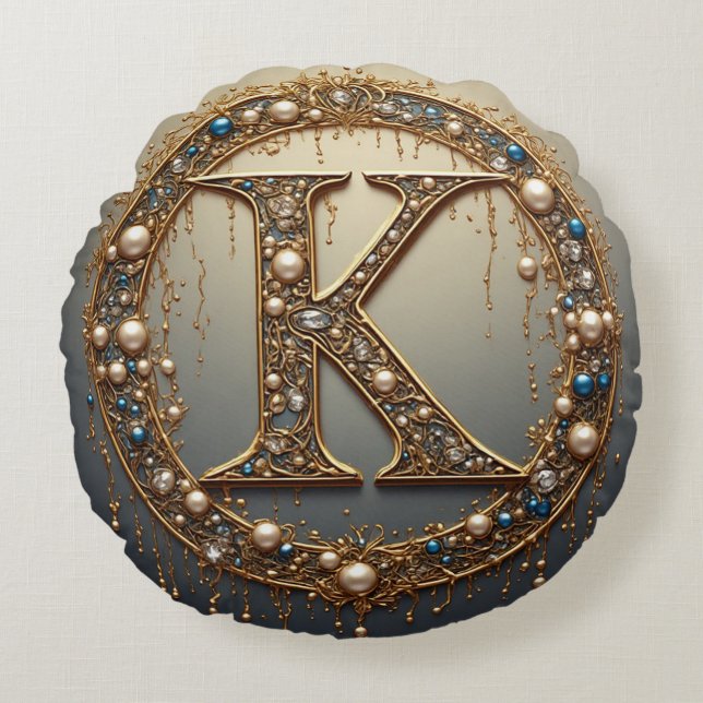 Golden Monogram Initial Letter K Round Cushion (Front)