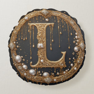 Golden Monogram Initial Letter L Round Cushion