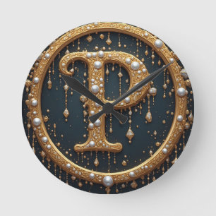 Golden Monogram Initial Letter P Round Clock