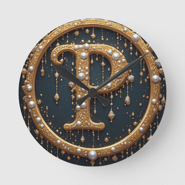 Golden Monogram Initial Letter P Round Clock (Front)