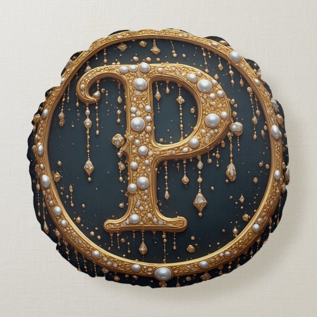 Golden Monogram Initial Letter P Round Cushion (Front)