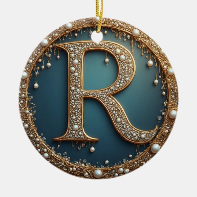 Golden Monogram Initial Letter R Ceramic Tree Decoration (Front)