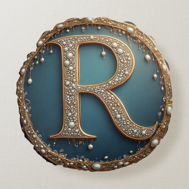Golden Monogram Initial Letter R Round Cushion (Front)