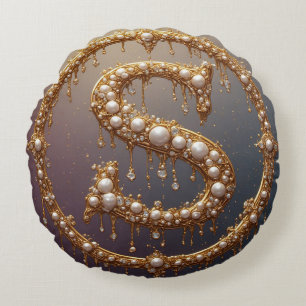 Golden Monogram Initial Letter S Round Cushion