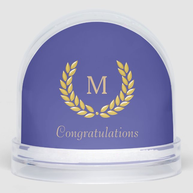 Golden Monogram & Laurel Wreath on Deep Blue Snowglobe (Front)