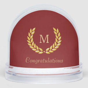 Golden Monogram & Laurel Wreath on Deep Red Snowglobe