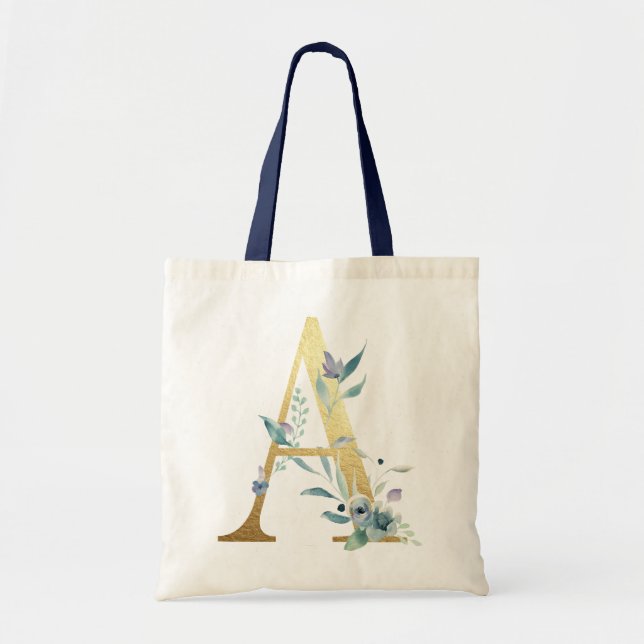 Golden Monogram Letter A Blue Watercolor Flowers Tote Bag (Front)
