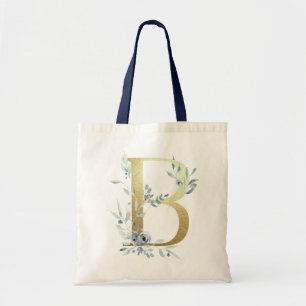 Golden Monogram Letter B Blue Watercolor Flowers Tote Bag