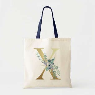 Golden Monogram Letter  Blue Watercolor Flowers Tote Bag