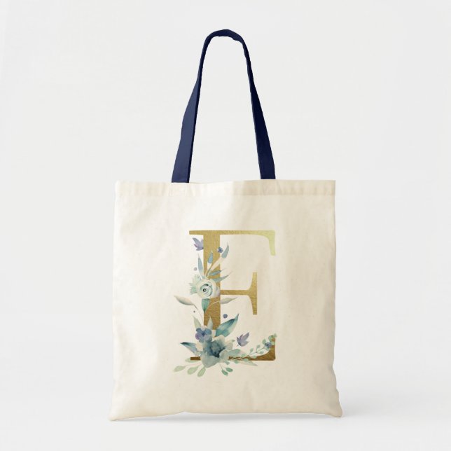 Golden Monogram Letter E Blue Watercolor Flowers Tote Bag (Front)