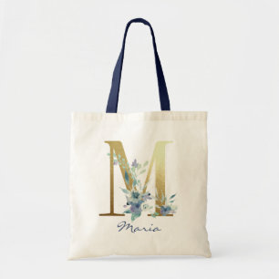 Golden Monogram Letter M Blue Name Floral Decor Tote Bag