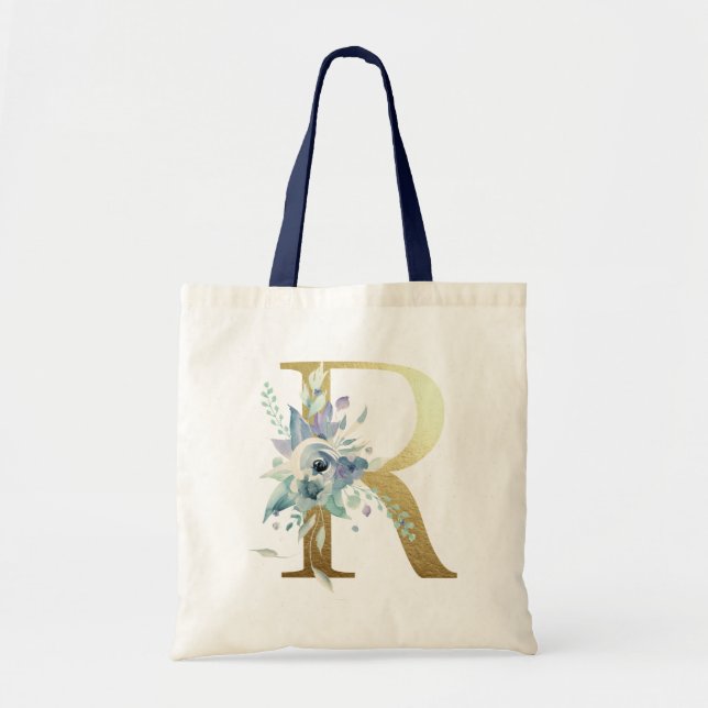 Golden Monogram Letter R Blue Watercolor Flowers Tote Bag (Front)