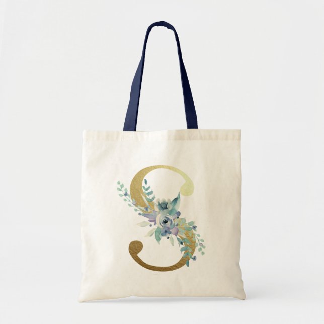 Golden Monogram Letter S Blue Watercolor Flowers Tote Bag (Front)