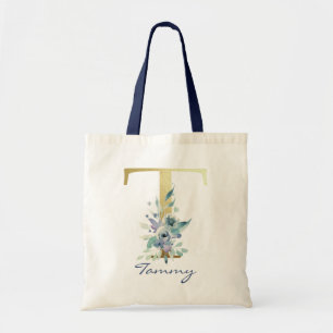Golden Monogram Letter T Blue Name Floral Decor Tote Bag
