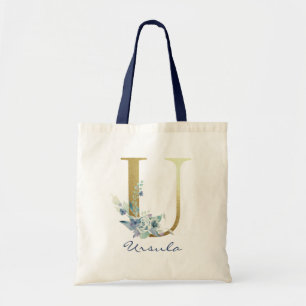Golden Monogram Letter U Blue Name Floral Decor Tote Bag