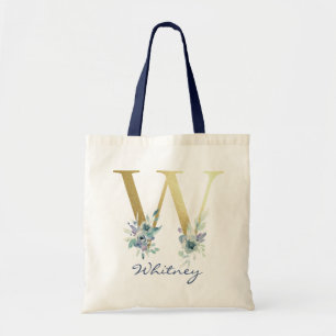 Golden Monogram Letter W Blue Name Floral Decor Tote Bag