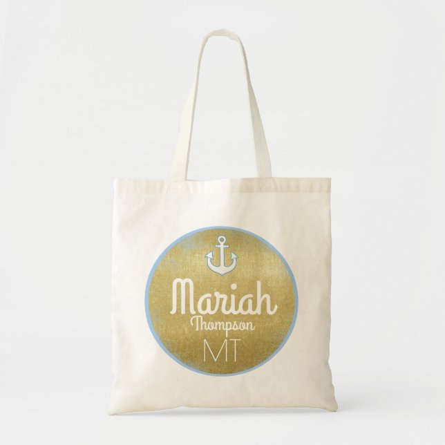 golden monogram nautical & personalised tote bag (Front)