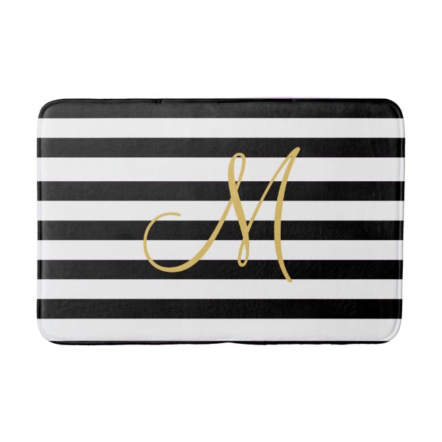 Golden Monogram on solid black and white stripes Bath Mat (Front)
