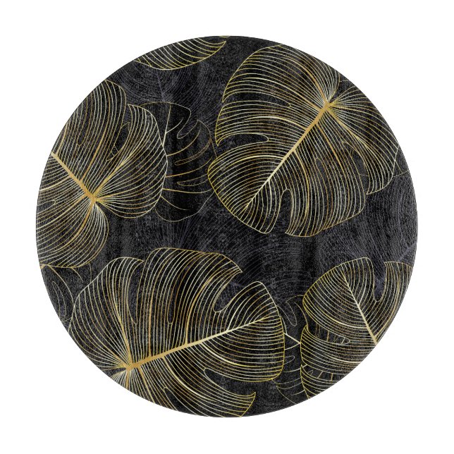 Golden monstera leaves, romantic seamless floral. cutting board (Front)