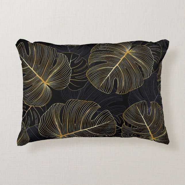 Golden monstera leaves, romantic seamless floral. decorative cushion (Front)