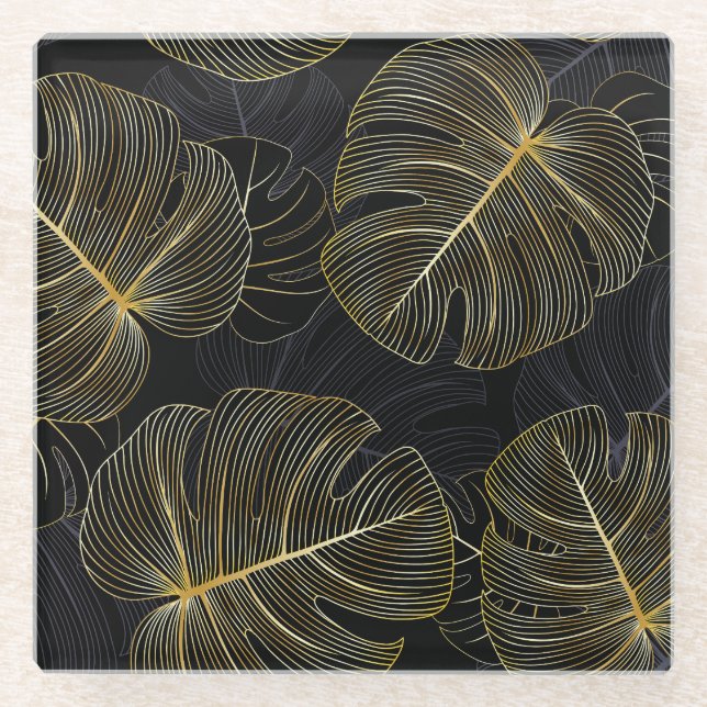 Golden monstera leaves, romantic seamless floral. glass coaster (Front)
