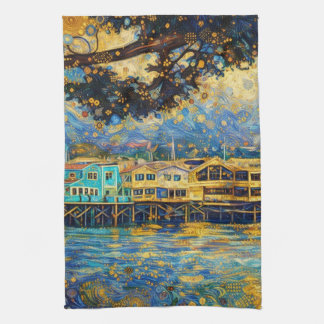 Golden Monterey Harbor Dreams Klimt-inspired Tea Towel