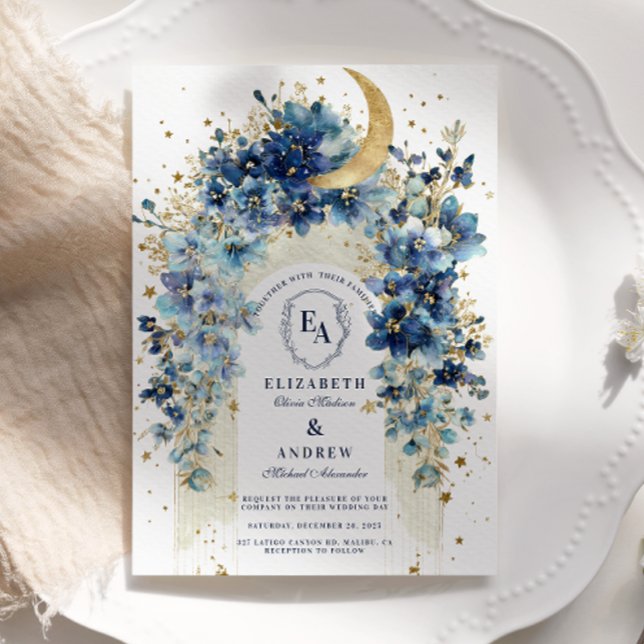 Golden Moon and Midnight Florals Wedding Invitation (Creator Uploaded)