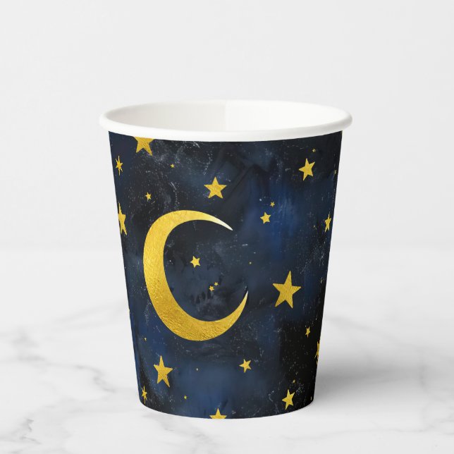 Golden Moon and Stars on Dark Blue Marble Paper Cups (Left)