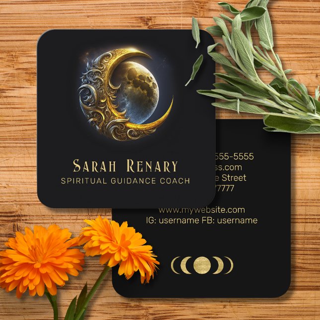 Golden Moon Lunar Teacher Coach Spiritual Square Business Card (Creator Uploaded)