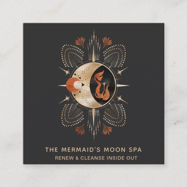 ~ Golden Moon Mermaid &  Sacred Geometry  Spa Square Business Card (Front)