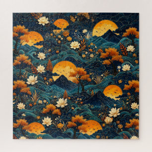 Golden Moon Mountain Night Sky Lotus Floral Pattrn Jigsaw Puzzle